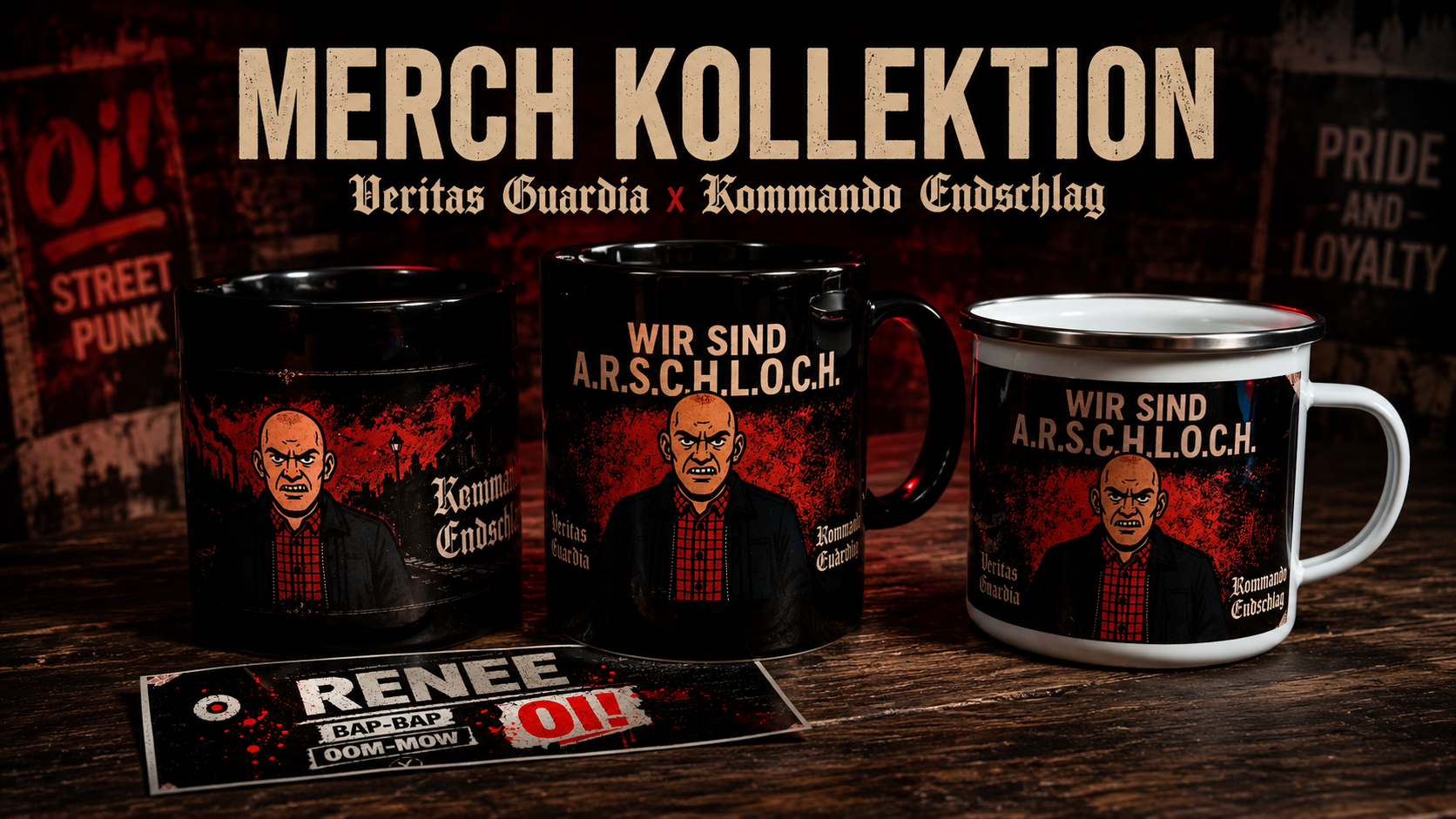 Veritas Guardia und Kommando Endschlag Merch-Kollektion mit Tassen und Autoaufkleber